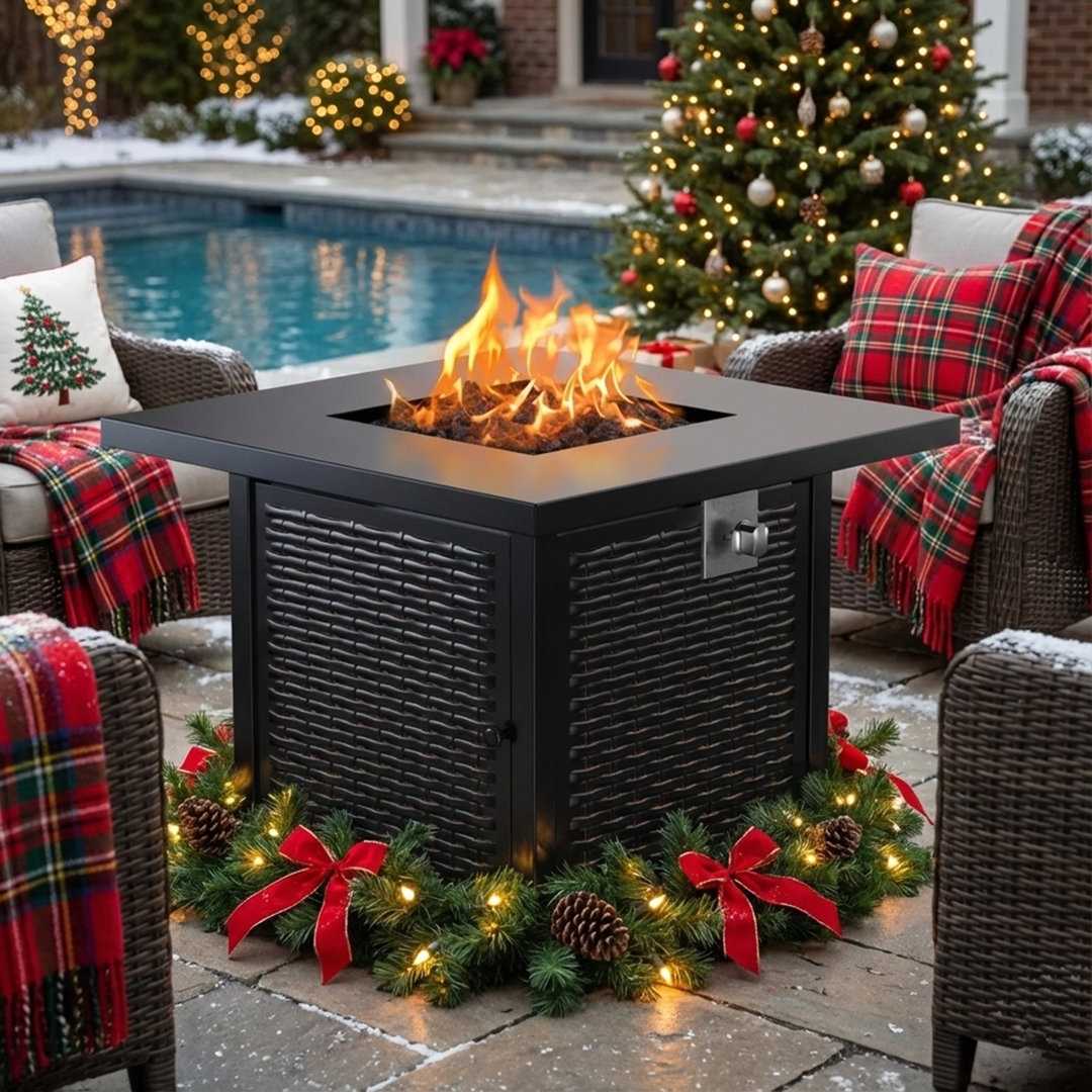 Outdoor Steel Propane Fire Table, 50,000 BTU with Lid and Lava Rock